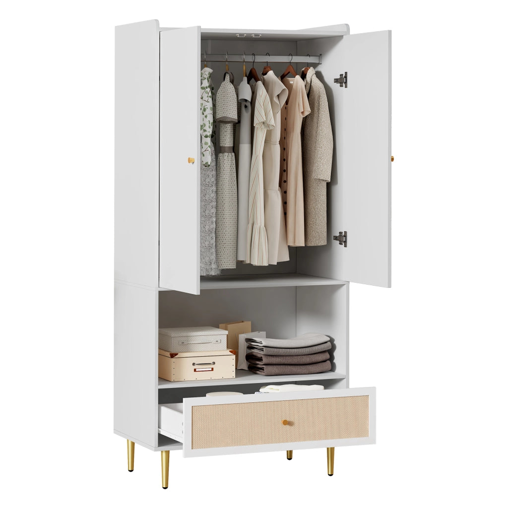 Armadio a 2 ante con cassetto in effetto rattan, barra appendiabiti e ripiano aperto, colore bianco/naturale, 80x48x175 cm