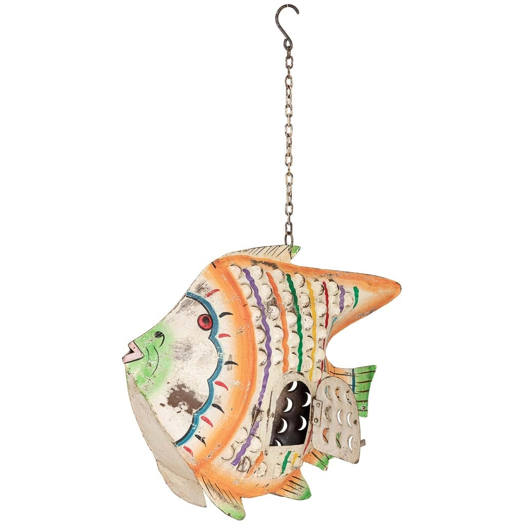 Portacandele pesce in ferro multicolore dipinto a mano 52x10x42 cm