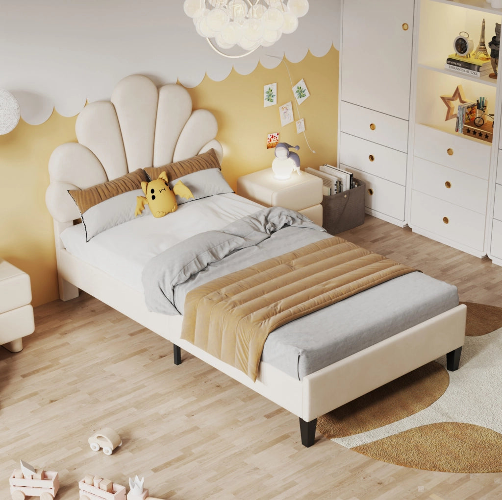 Letto imbottito 90x200 cm con testiera a forma di fiore; velluto beige