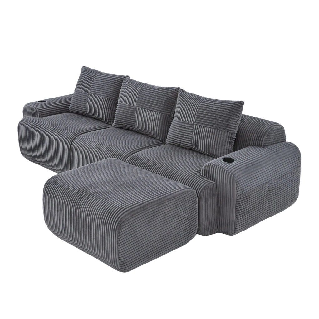 Divano modulare 3 posti in tessuto corduroy grigio scuro; 268x174x80 cm; con portabicchiere e tasca laterale
