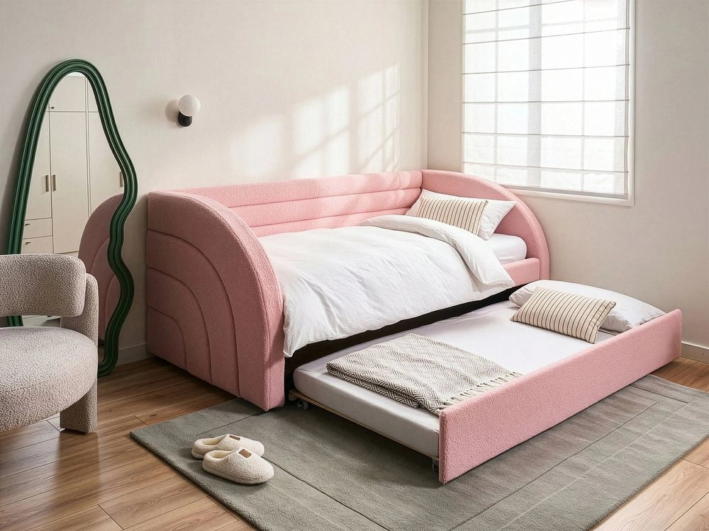 Letto a scomparsa 90 x 200 cm rivestito in bouclé rosa rete a doghe letto da giorno camera dei bambini camera degli ospiti