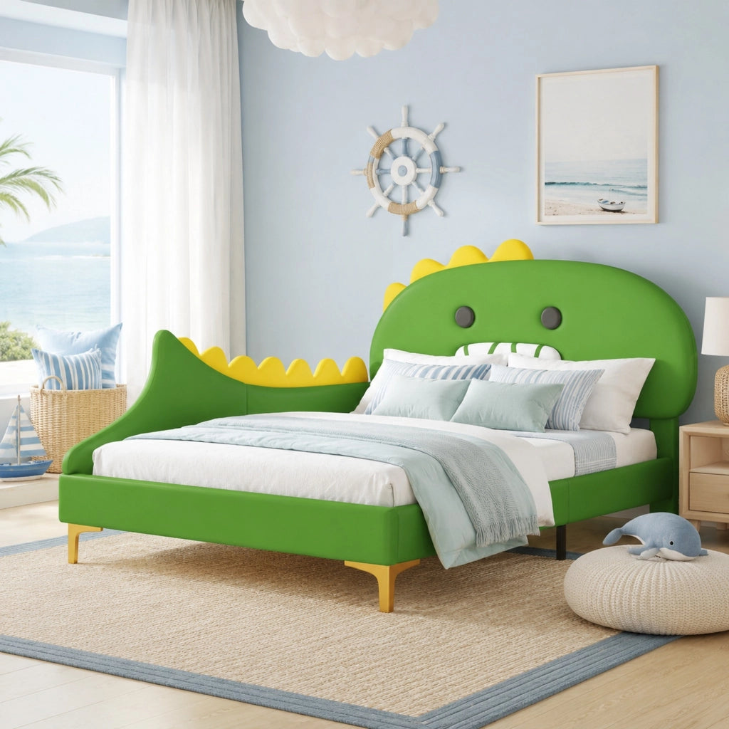 Letto per bambini 140x200 cm a forma di dinosauro, verde, in PU e MDF