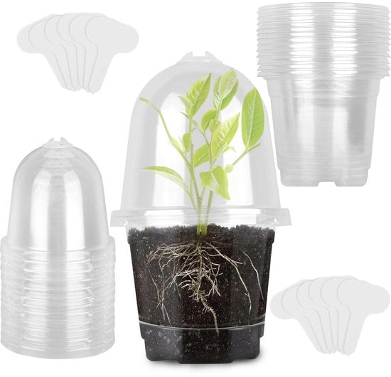 Set di contenitori per piante in plastica 12 pezzi - coperchio di vetro - contenitori per fiori rotondi - trasparenti - 9 cm con 9 fori di drenaggio