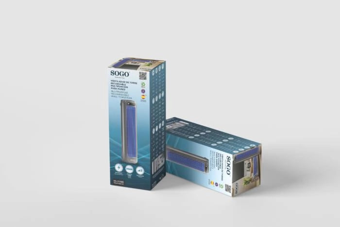 Ventilatore a torre ricaricabile senza pale, 3 velocità, display LED, batteria 2000 mAh, funzione da tavolo e parete - SOGO