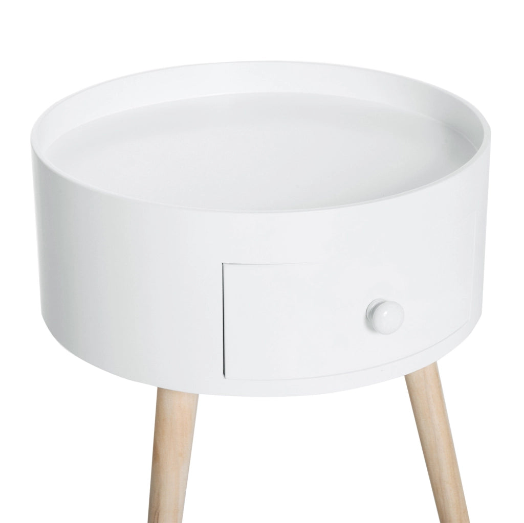 Tavolino rotondo con cassetto in legno bianco