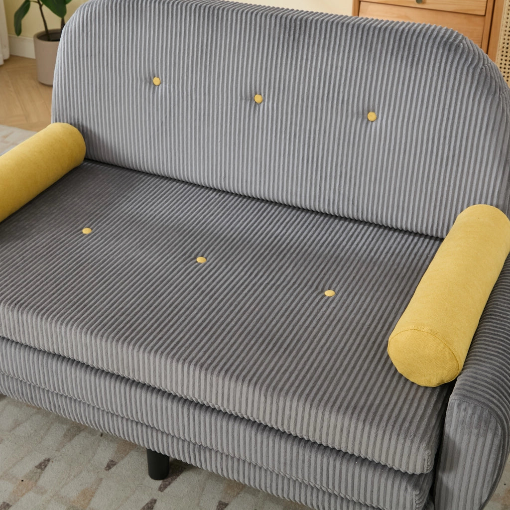 Divano convertibile modulare con schienale regolabile, cuscini rotondi e struttura in metallo per relax, grigio
