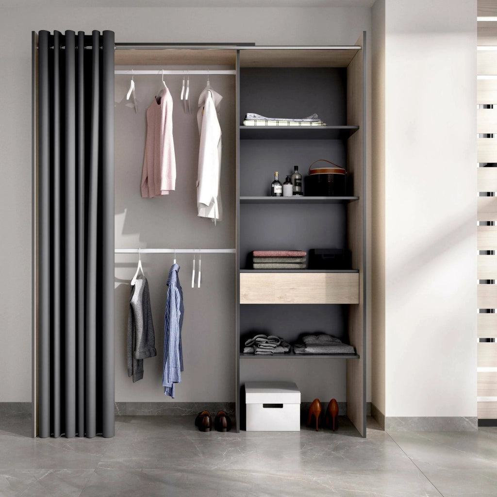 Guardaroba Arim, Struttura per cabina armadio con tenda, Mobile appendiabiti aperto, 160x50h205 cm, Rovere e Antracite
