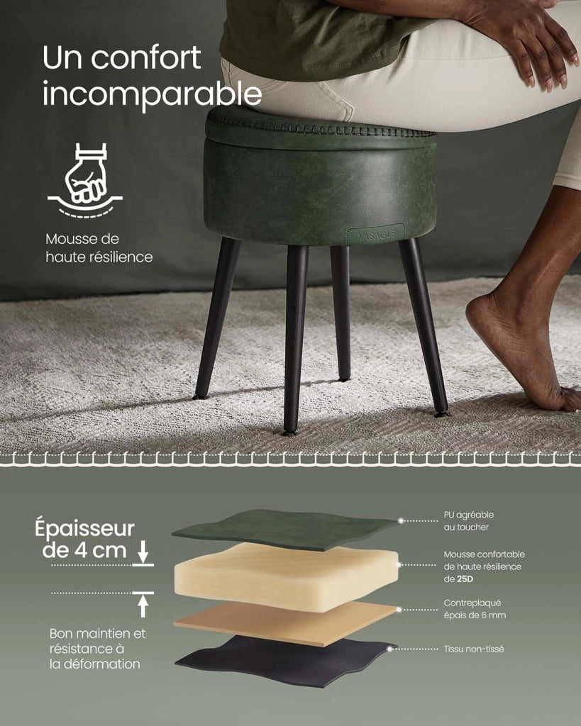 Pouf contenitore sgabello da toeletta in PU con cuciture moderno sgabello rotondo di metà secolo con gambe in acciaio capacità 150 kg verde 12_0005358
