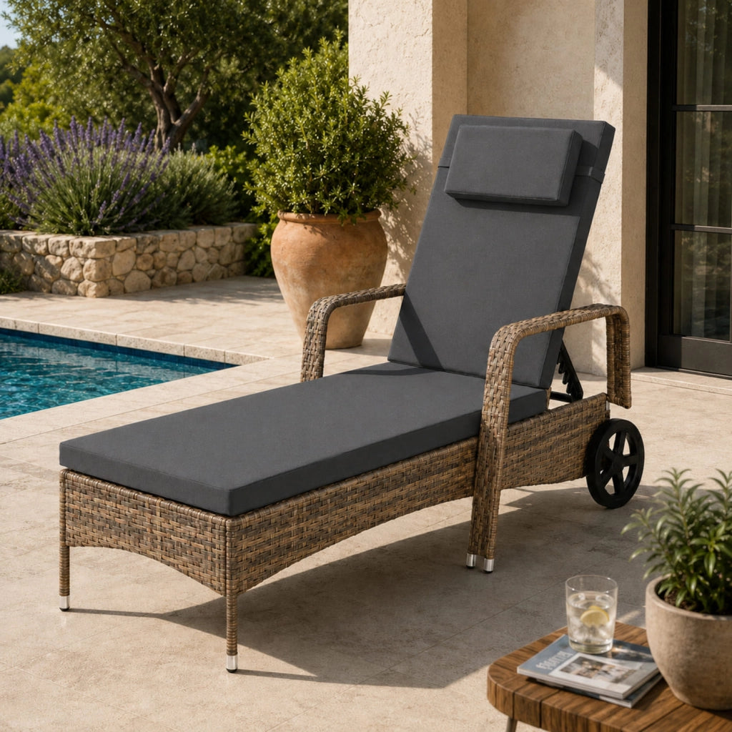 Lettino Prendisole Reclinabile In Polyrattan Con Schienale Regolabile In 6 Posizioni Cuscino Poggiatesta E Ruote Ideale Per Giardino Piscina Terrazza Solarium Relax Outdoor 196 x 72 x 94.5 Cm Marrone Chiaro