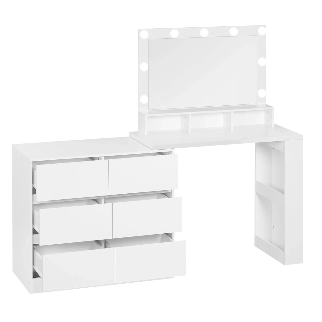 Tavolo multifunzione 2-in-1 a forma L; 6 cassetti grandi; specchio LED regolabile; utilizzabile come scrivania; solo tavolo