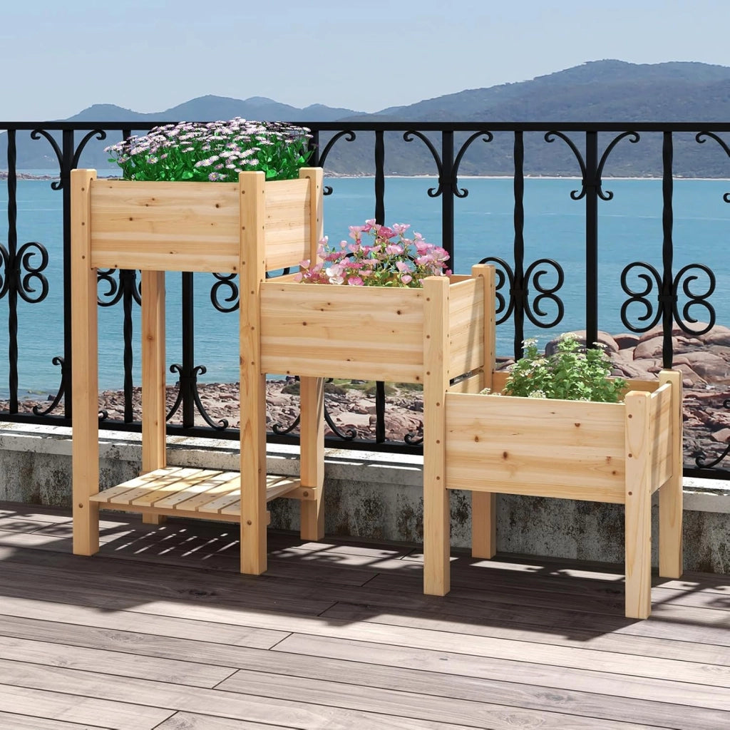 Aiuola da Giardino Rialzata a 3 Livelli in Legno con Ripiano, 3 Fioriere Rialzate, Fori di Drenaggio, Fioriera da Giardino per Frutta, Verdura, Fiore, Erba, 161 cm x 43 cm x 104 cm