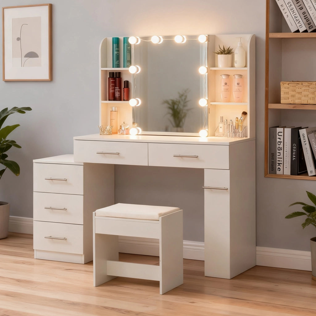 Tavolo da toeletta con specchio; cassetti e illuminazione LED