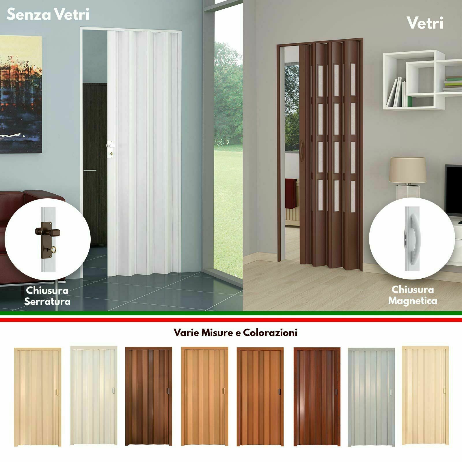 Porta a Soffietto in PVC Vari Colori con Vetri Maniglia Magnetica o Serratura Tonalità: Ciliegio finto Legno, Sistema di chiusura: Serratura