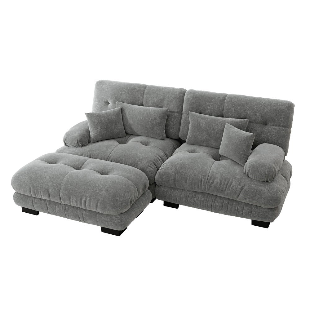 Divano angolare 2 posti con poggiapiedi ¨C Minimal ¨C grigio chenille imbottito con braccioli e cuscini
