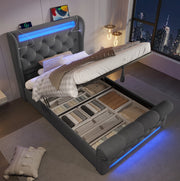 Letto imbottito ULEVR 90x200 cm con contenitore idraulico, LED, USB e Type-C, velluto grigio con materasso