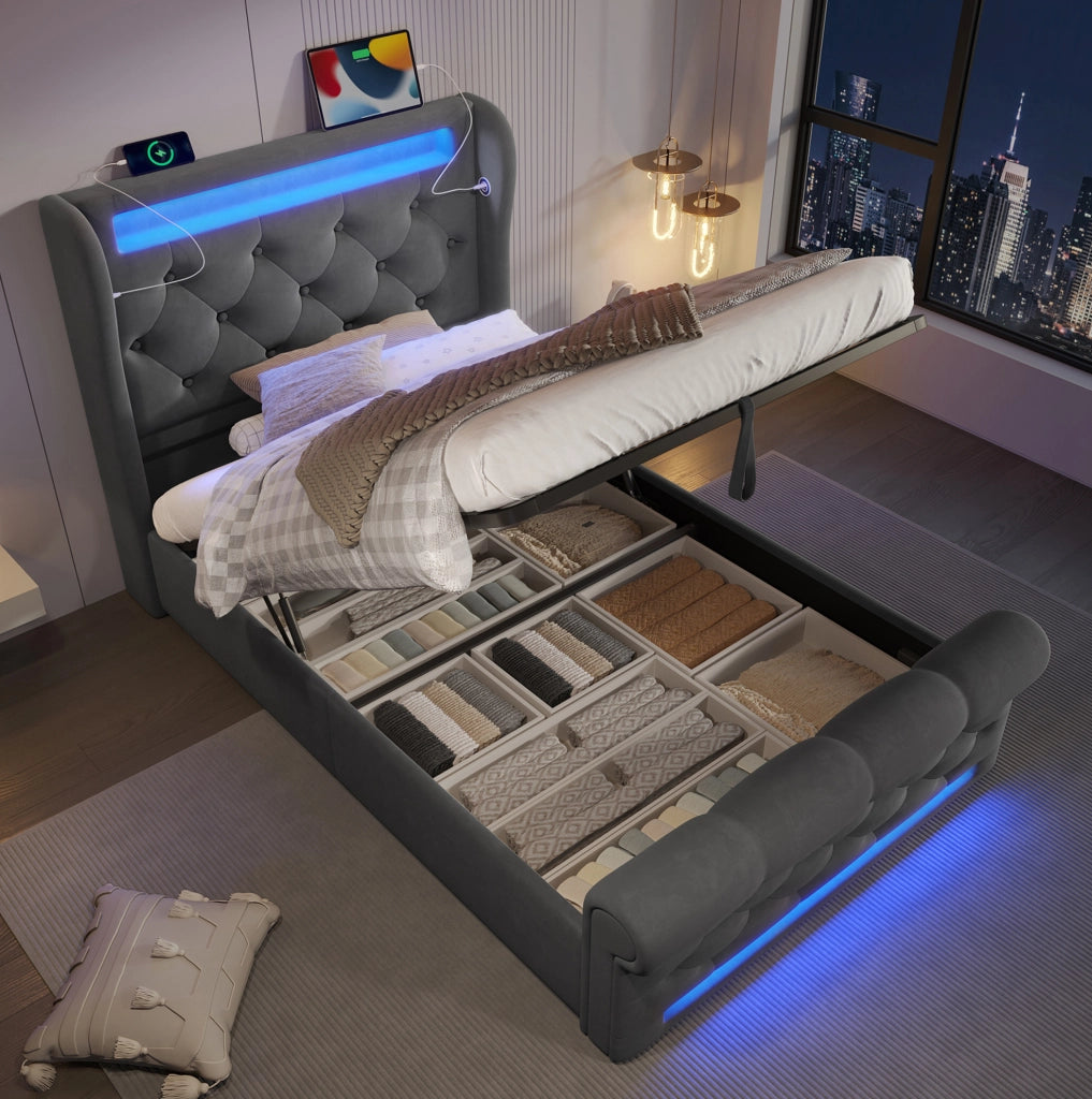 Letto imbottito ULEVR 90x200 cm con contenitore idraulico, LED, USB e Type-C, velluto grigio con materasso