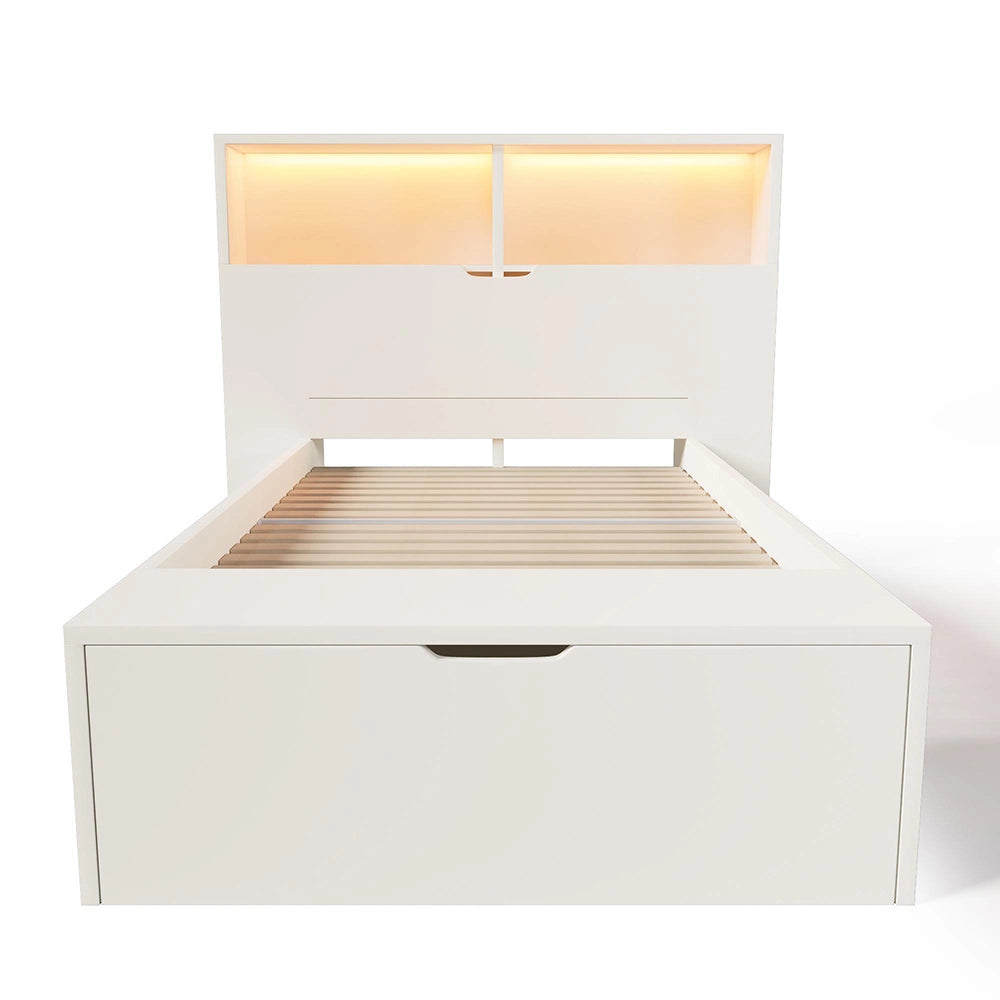 Letto legno-Xylo-90x200cm LED USB tiroir panchina ripiani bianco senza materasso