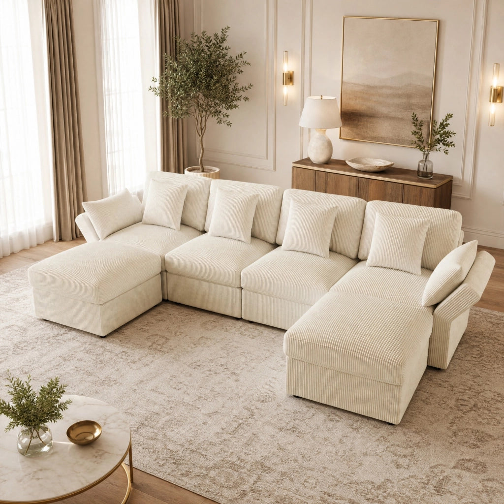 Divano angolare a U 4-6 posti con braccioli regolabili e pouf, in velluto a coste Beige