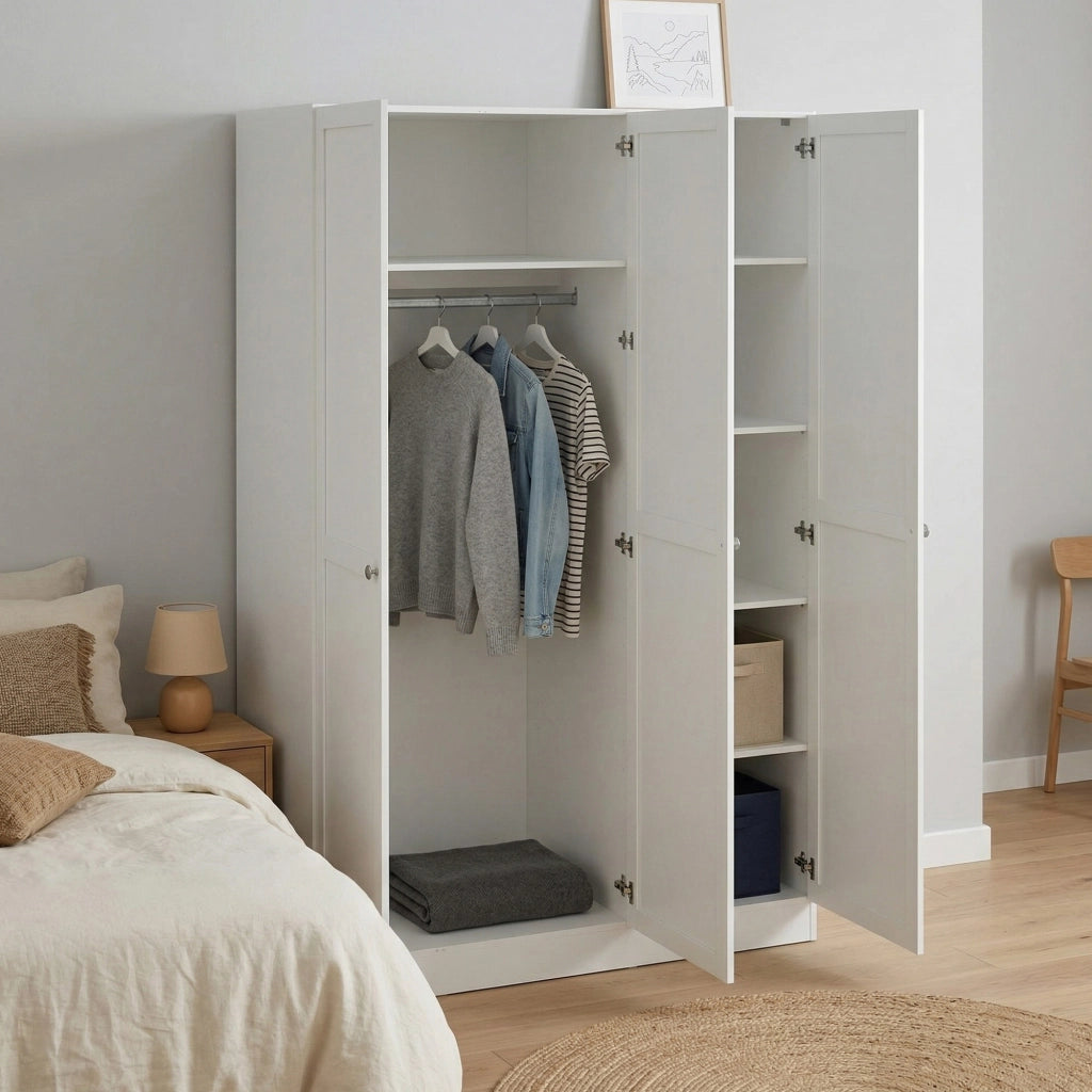 Guardaroba 3 ante Gener, Mobile camera da letto, Cabina armadio portabiti, Armadio appendiabiti, 147x62 h200 cm, Bianco