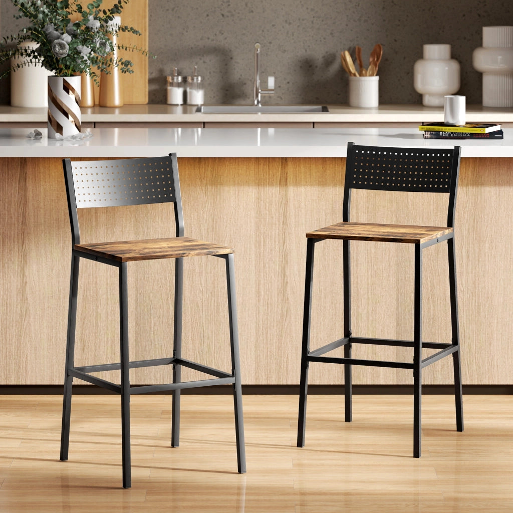 Set 2 Sgabelli da Bar in Stile Industriale con Schienale e Poggiapiedi 43,2x50,5x97,8 cm in Metallo e MDF Marrone