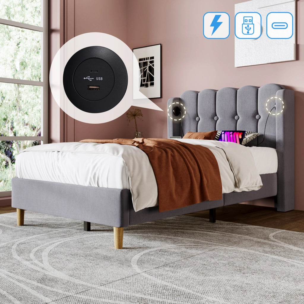OKWISH Letto Singolo 1 Posto, USB e USB-C, 90 x 200 cm, Con Materasso, Testiera Imbottita, Grigio