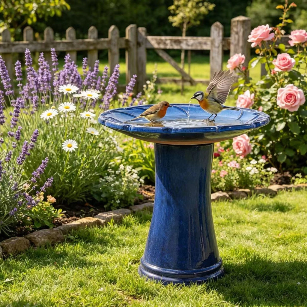 Fontana da giardino in ceramica smaltata blu fatta a mano con vasca Ø 43 cm e base alta 45 cm per esterni