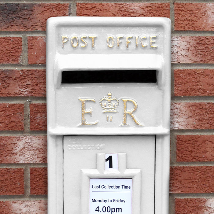 Cassetta Postale per le Lettere in Stile Britannico Inglese in Ghisa da Esterno Bocchetta Lettere Standard UK - con Piedistallo - Bianco