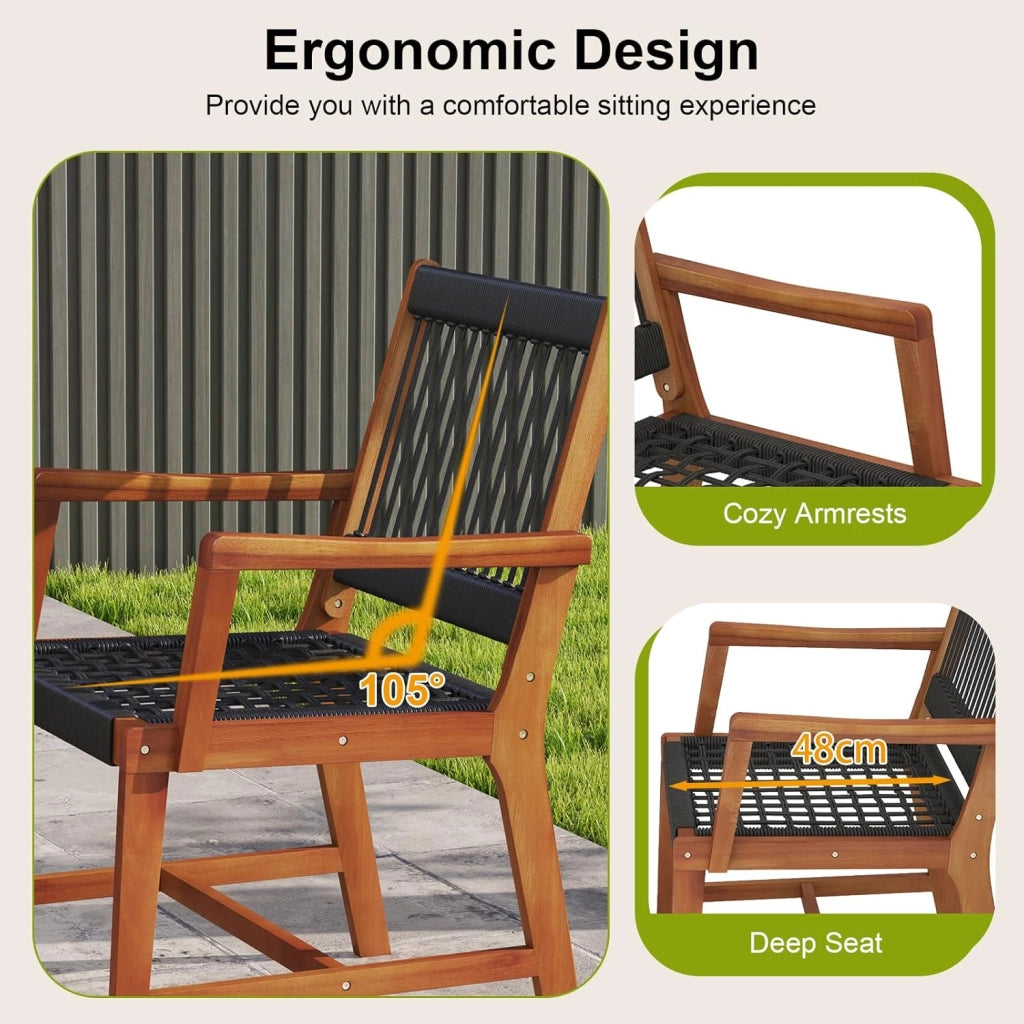 Set di 2 Sedie da Pranzo in Legno di Acacia per Esterno, Sedie da Giardino Intrecciate con Braccioli, Sedia in Legno di Acacia con Tessitura di Corda di Plastica, Capacità di Carico di 160 kg