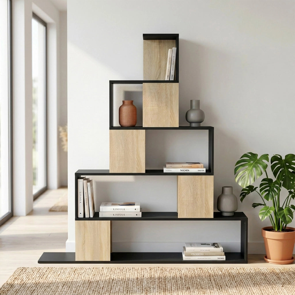 Libreria geometrica 5 livelli ¨C Xylo ¨C legno naturale e nero, scaffale per soggiorno ufficio camera