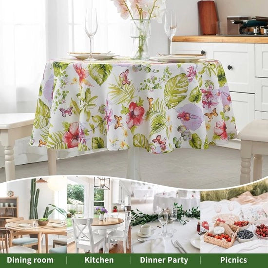 Tappeto da tavolo circolare di circa 120 cm, lavabile, impermeabile, stoffa resistente con fiori rossi e piante tropicali per cucina, sala da pranzo, tavolo da pranzo, tavolo salotto, tavolo da giardino, tavolo da birra