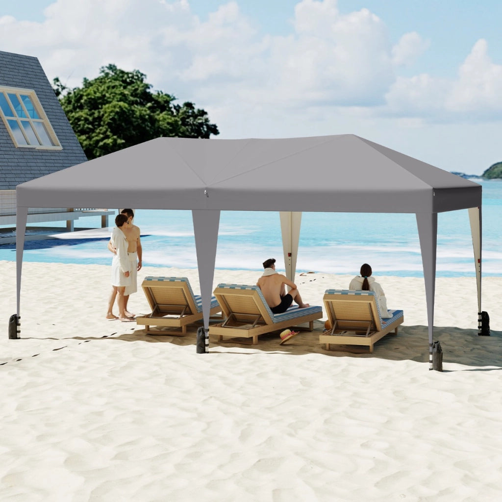Gazebo pop-up portatile da esterno con borsa con ruote per campeggio 12 picchetti, Tenda pieghevole 590x300 cm Grigio-Gazebo