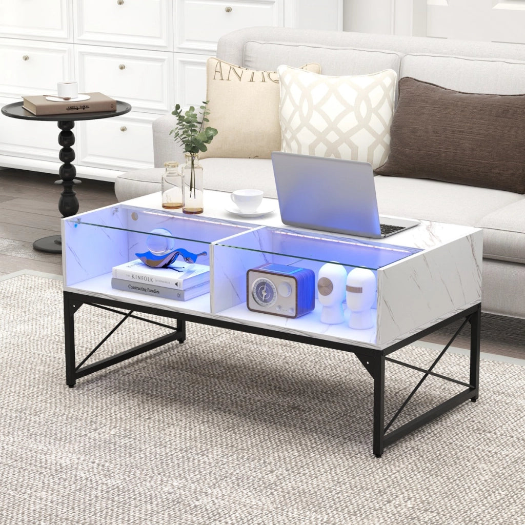 Tavolino basso con luci LED regolabili e 4 cubi di stoccaggio, Tavolino da salotto moderno con elecomando Bianco
