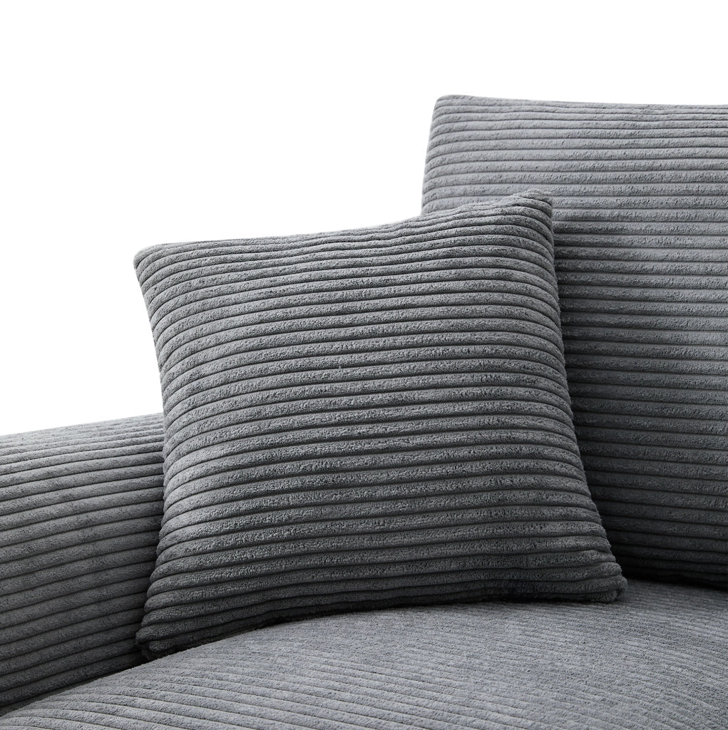 Divano angolare ULEVR 229x149,5 cm con pouf contenitore, console USB e 2 portabicchieri, velluto a coste grigio