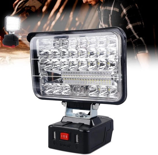 Lampada da lavoro 18 V 48 W 3800 lm con spot LED portatile con 2 ingressi USB per ricarica LED e cinturino per uso da lavoro e illuminazione domestica e autoreparazione.