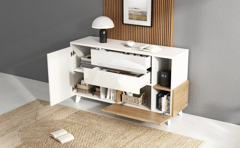 Credenza Moderna Bianco Lucido e Legno Madia 130 cm con 2 Cassetti e Ante Stile Scandinavo