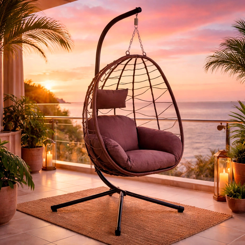 Poltrona Sospesa Con Struttura In Acciaio E Cuscini Dondolo Da Giardino Ideale Per Terrazzo Balcone Portata Fino A 130 Kg Arredo Esterno Design Moderno 196 x 93 x 109 cm Marrone