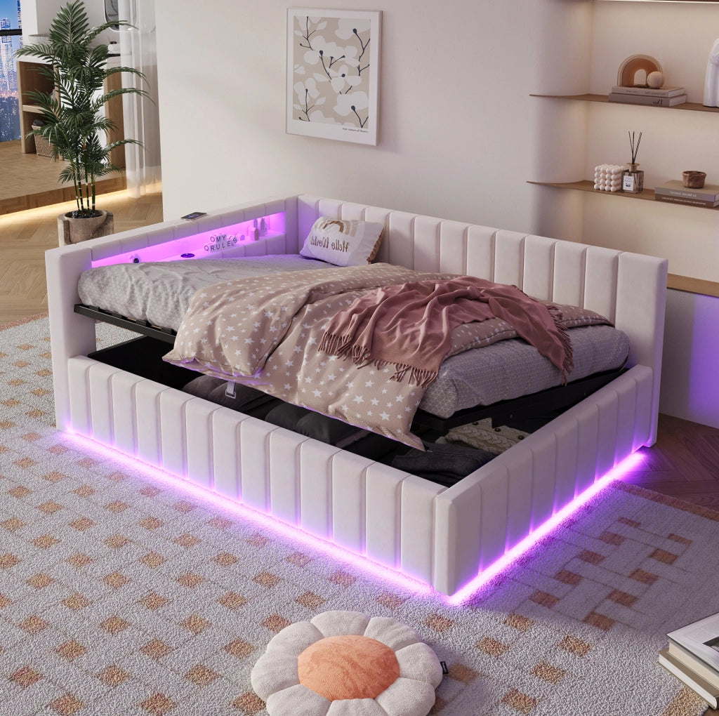 Letto imbottito 140x200 cm; contenitore idraulico; LED e USB; velluto; beige (Senza materasso)
