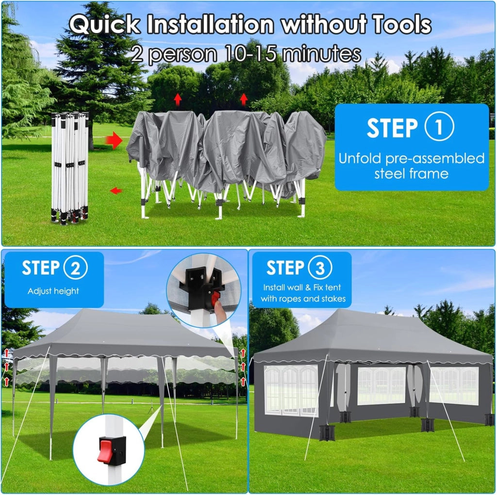 Gazebo 3x6 Pieghevole Impermeabile, altezza 290–300–310 cm, Protezione UV 50+, Tenda con 4 Pareti Laterali, 12 Ganci, 6 Corde e 6 Sacchi di Sabbia, Gazebo da Giardino per Campeggio, Matrimoni, Grigio