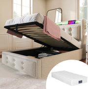 Letto singolo 90x200 beige con LED, USB-C e materasso