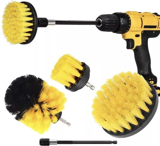 Set a spazzola 4 pezzi per trapano - Inclusa estensione - Spazzole da posizionamento - Spazzola per martellare - Spazzola per raschiare - Spazzola per pulizia - Spazzola per tappeti - Spazzola - Giallo - Spedizione gratuita