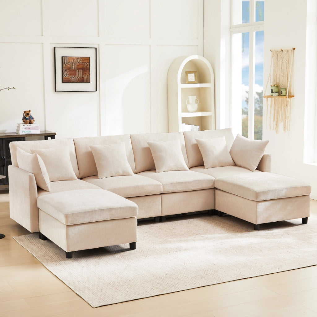Divano modulare in chenille, trasformabile in configurazione U o L, con 2 pouf e 6 cuscini, beige