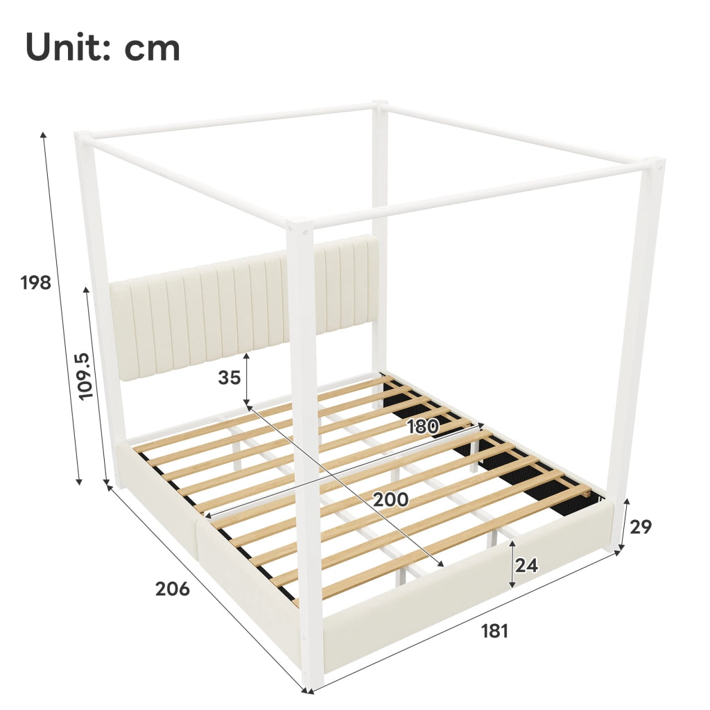 Letto a baldacchino 180x200 cm con testiera imbottita in velluto MDF metallo beige e bianco