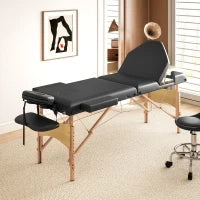 Lettino Massaggio Pieghevole in Legno a 3 Zone con Altezza Regolabile Poggiatesta Braccioli 215x60x64-89 cm Nero