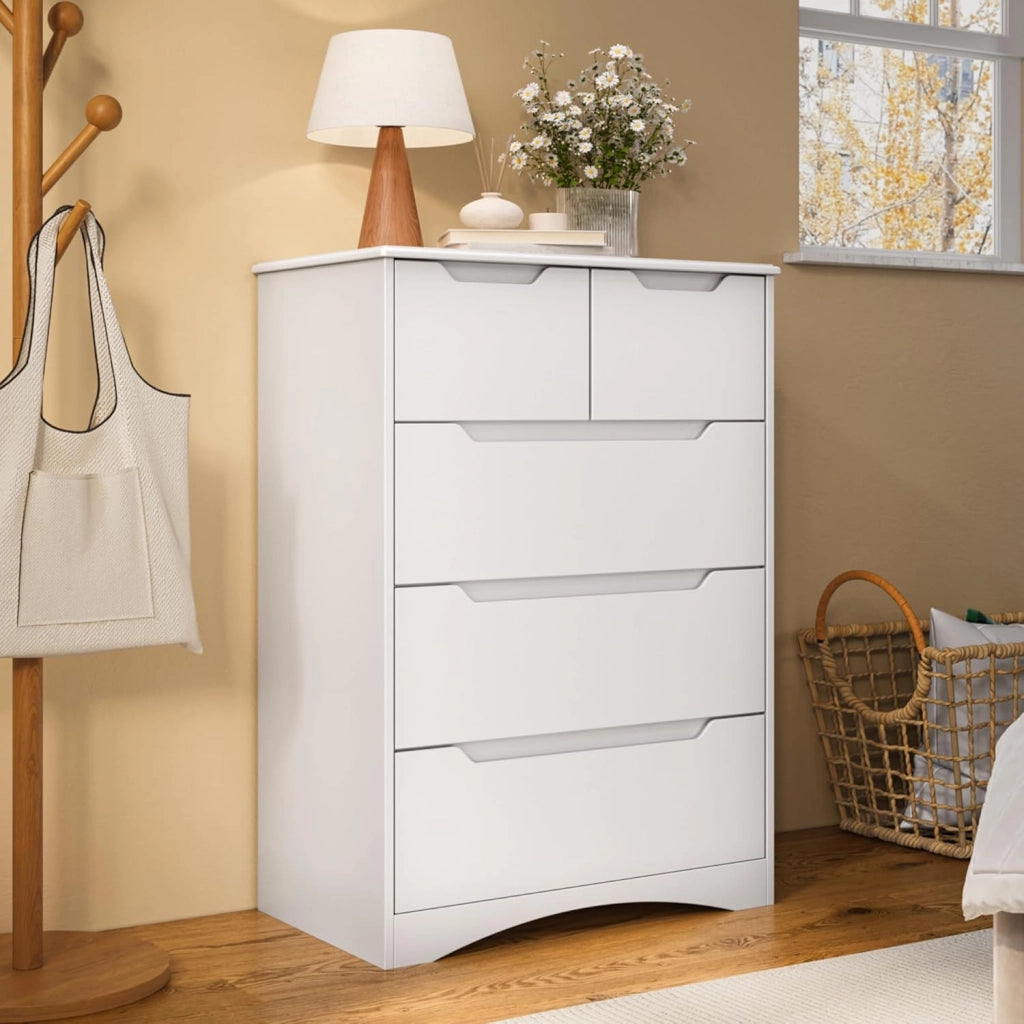 Cassettiera Camera da Letto con 5 cassetti, settimino camera da letto,Moderno e Salvaspazio per la Camera da Letto Soggiorno e Ingresso, 94 x 72 x 41 cm,Bianco