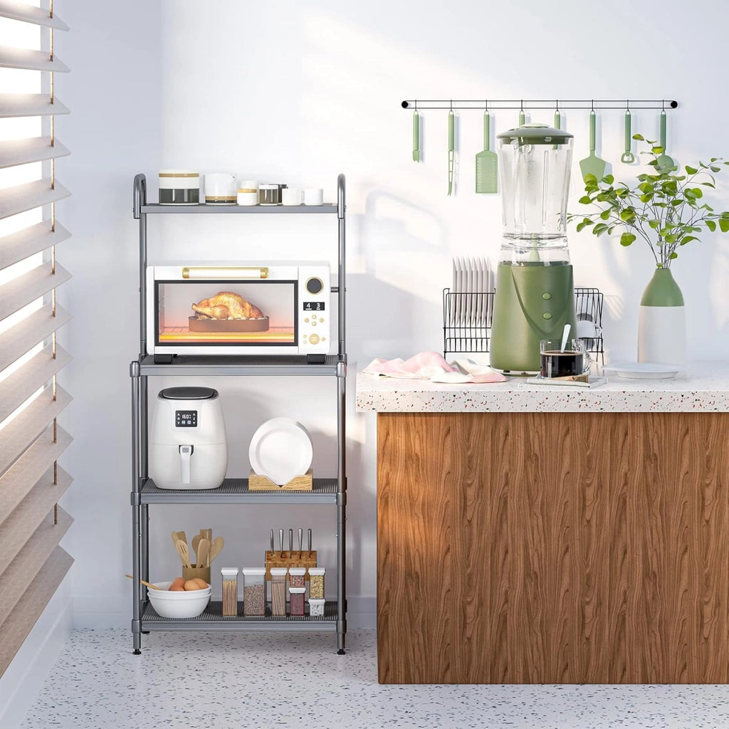COSTWAY Microonde Scaffale da Cucina per Microonde in Metallo a 4 Ripiani, Carrello per Microonde Scaffalatura Organizzatore Portaoggetti, 60 x 34 x 136 cm (Grigio)
