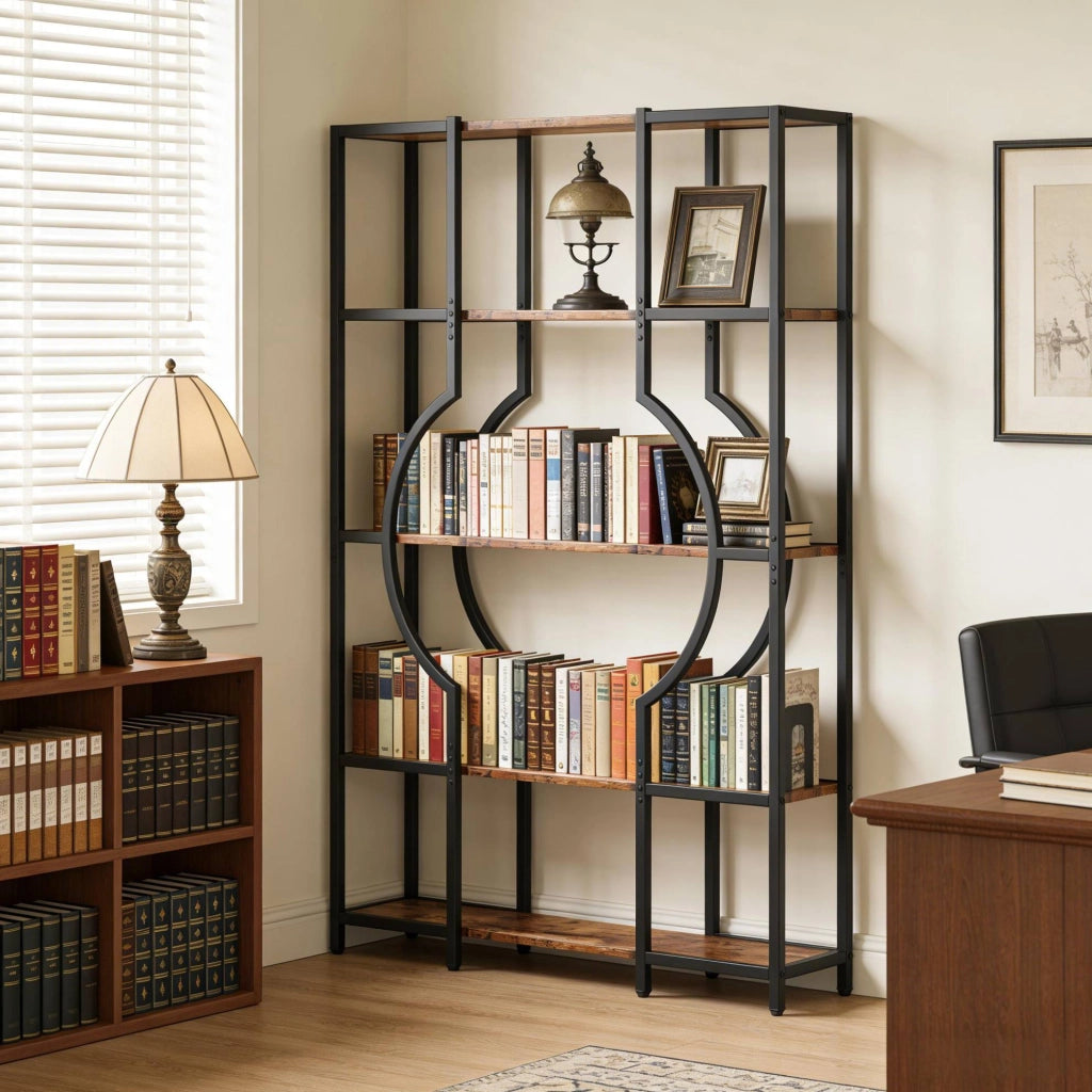 Libreria a 5 ripiani in metallo nero e MDF marrone rustico