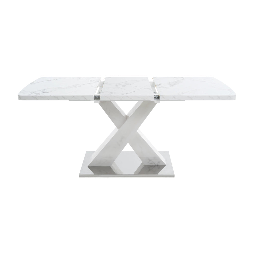 Tavolo allungabile rettangolare con piano effetto marmo bianco e base a X in metallo per sala da pranzo 160 × 80 × 76,5 cm