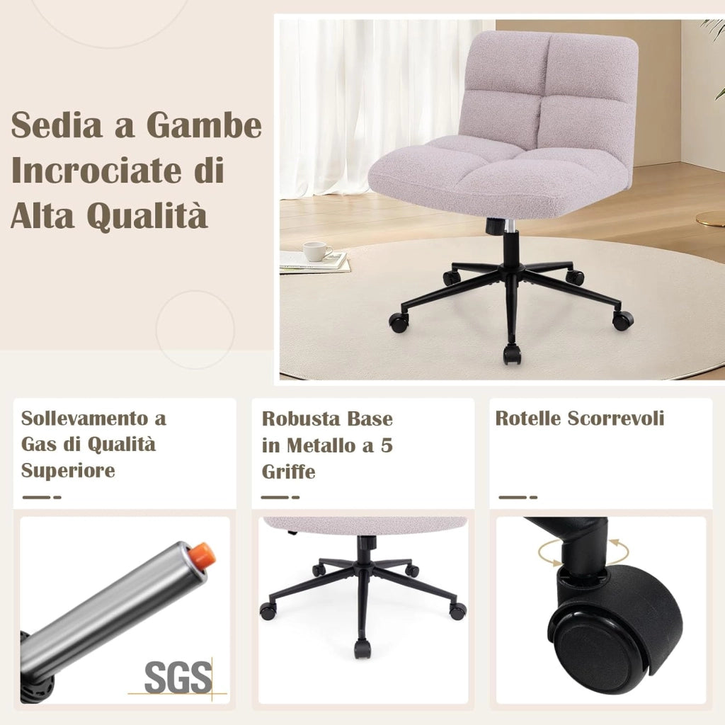 Sedia a Gambe Incrociate, Sedia da Ufficio con Ruote, con Seduta Riempita, Altezza Regolabile, Senza Braccioli, Portata 160 kg (Grigio)