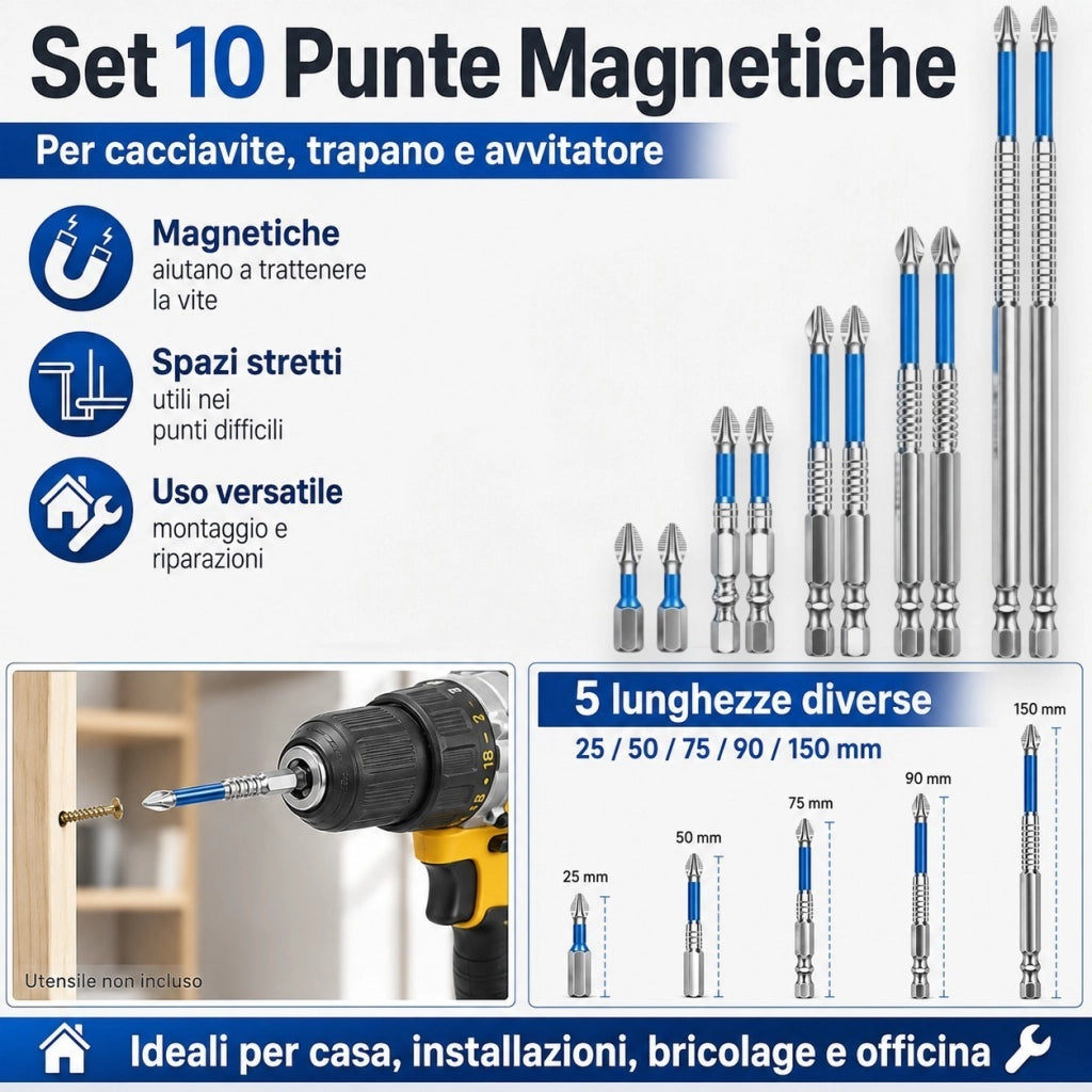Set 10 Punte Magnetiche Per Cacciavite Trapano Avvitatore  25-150 mm in Acciaio