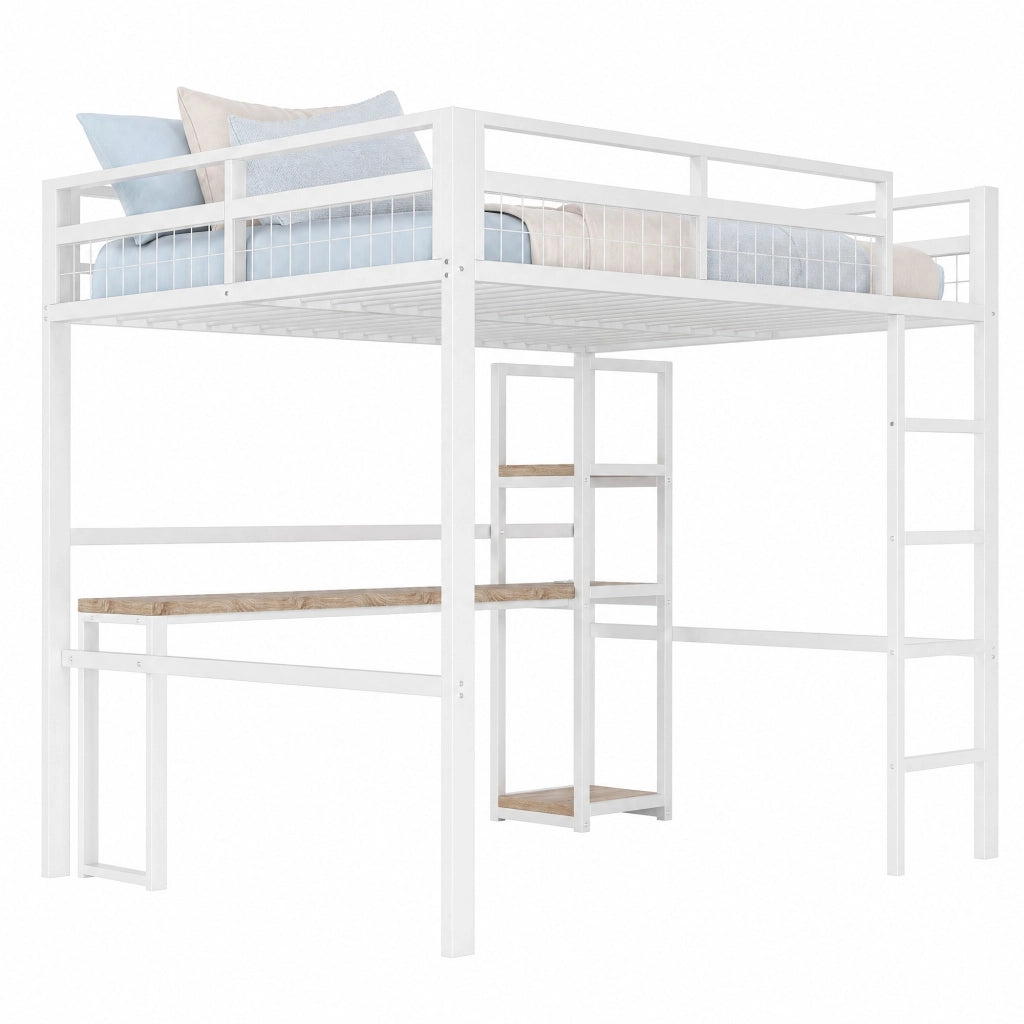 Letto a soppalco 140x200 cm in metallo con scrivania, ripiani e prese USB/Type-C